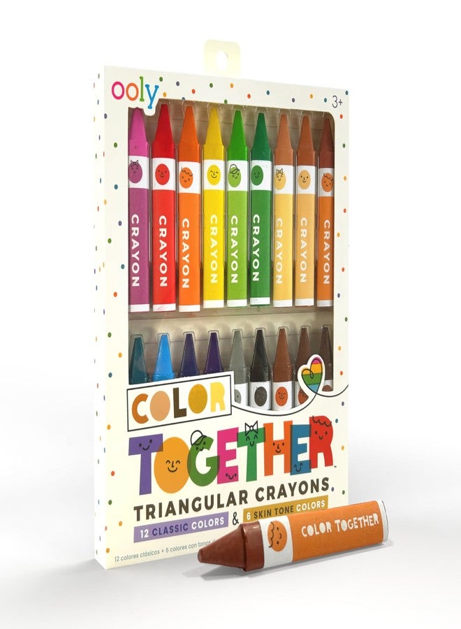 Ooly Color Together Triangular Crayons, 18 Count with 12 Classic and 6 Skin Tone Colors, Chunky Triangle Crayons for Kids, Non-Toxic Paper-Wrapped Coloring Set