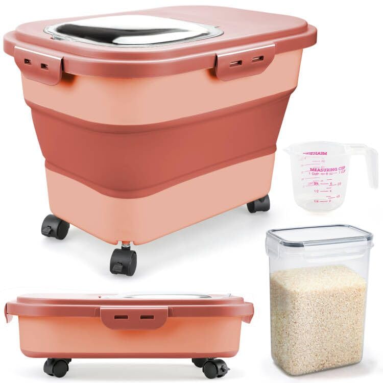 Komzon Rice Storage Containers Collapsible 20 to 30Lbs Food Storage Bin Dispenser with Rolling Wheel and Clear Airtight Lid BPA Free Flour Sugar Cereal and Dog Cat Pet food Containers - Image 1
