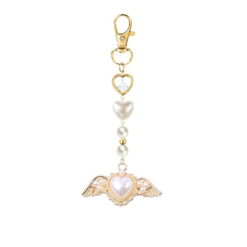 Agromusk Gold Bow Keychain Bag Charms for Women Angel Wings Heart Pearl Beaded Purse Charms Coquette Aesthetic Key Chain Jewelry Elegant Decor Accessories Pendant - Image 1
