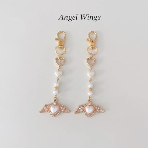 Agromusk Gold Bow Keychain Bag Charms for Women Angel Wings Heart Pearl Beaded Purse Charms Coquette Aesthetic Key Chain Jewelry Elegant Decor Accessories Pendant - Image 3