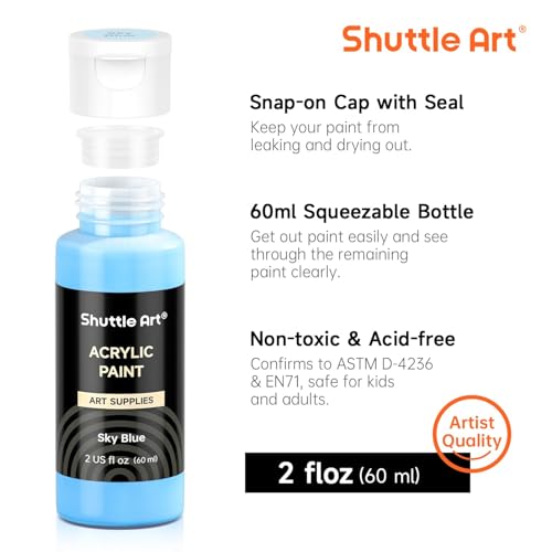 Shuttle Art Acrylic Paint, 42 Colors Acrylic Paint Set with 12 Brushes, 2oz/60ml Bottles, Rich Pigmented, Water Proof, Premium Paints for Artists, Beginners and Kids on Canvas Rocks Wood Ceramic - Image 3