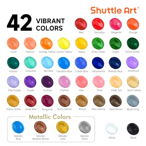 Shuttle Art Acrylic Paint, 42 Colors Acrylic Paint Set with 12 Brushes, 2oz/60ml Bottles, Rich Pigmented, Water Proof, Premium Paints for Artists, Beginners and Kids on Canvas Rocks Wood Ceramic - Image 2