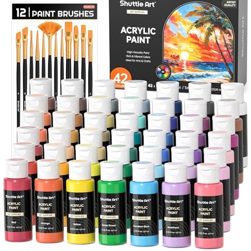 Shuttle Art Acrylic Paint, 42 Colors Acrylic Paint Set with 12 Brushes, 2oz/60ml Bottles, Rich Pigmented, Water Proof, Premium Paints for Artists, Beginners and Kids on Canvas Rocks Wood Ceramic - Image 1