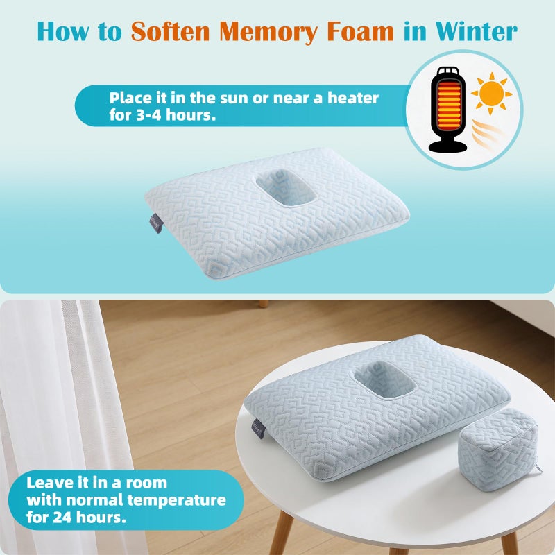 USlixury Ear Piercing Pillow with Foam Plug - Ear Pillow with Off Center and 4.7"X3.2" Hole, Soft CertiPUR-US Memory Foam, Cooling Piercing Pilow for Side Sleepers, Traveling, 16"X11"X4'' - Image 5