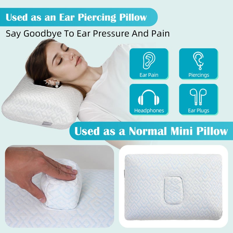 USlixury Ear Piercing Pillow with Foam Plug - Ear Pillow with Off Center and 4.7"X3.2" Hole, Soft CertiPUR-US Memory Foam, Cooling Piercing Pilow for Side Sleepers, Traveling, 16"X11"X4'' - Image 2