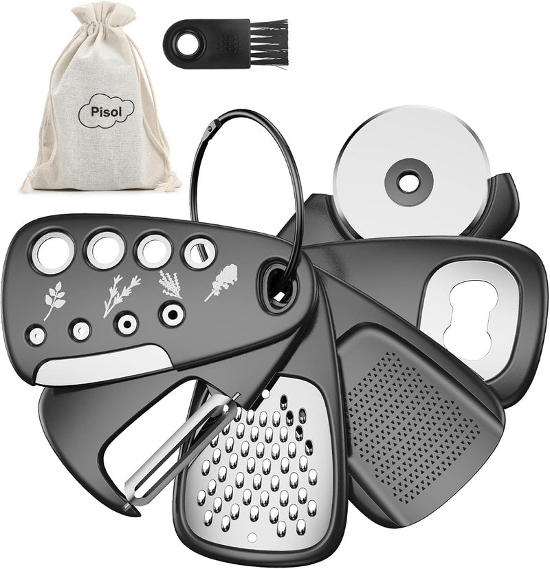 Pisol Kitchen Unique Gadgets Set 6 Pieces, Space Saving, Cheese Grater, Bottle Opener, Fruit Vegetable Peeler, Pizza Cutter, Garlic Ginger Grinder, Herb Stripper Gift Set - Image 1