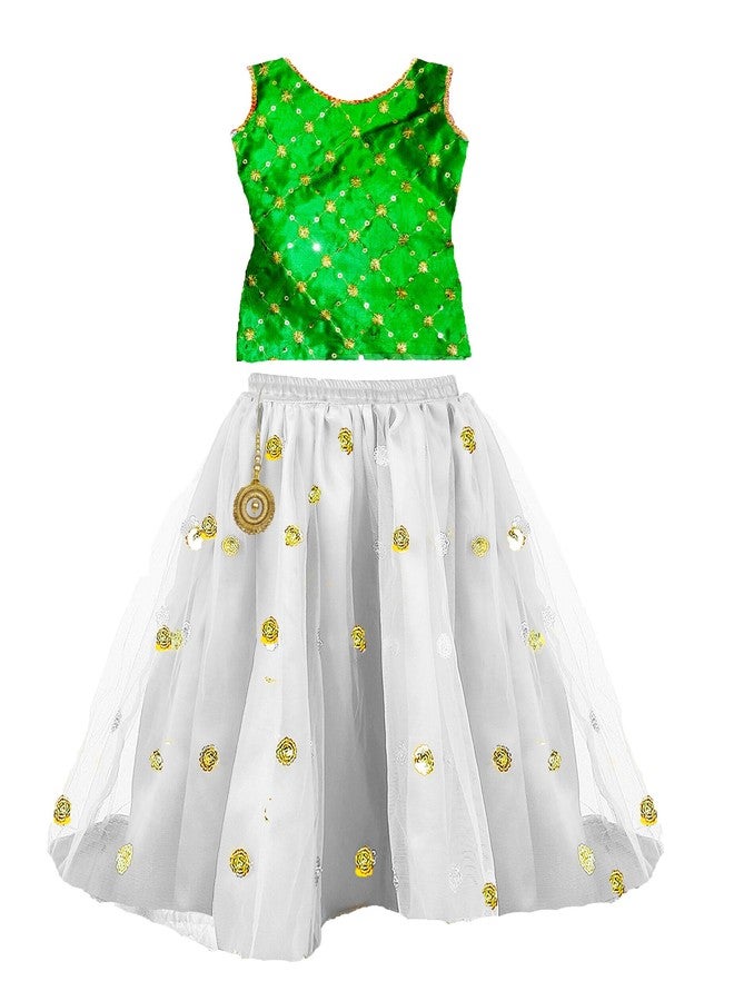 HIBA CREATIONS Baby Girl Tricolor White lehenga green choli with orange dupatta 3-6 months - Image 2