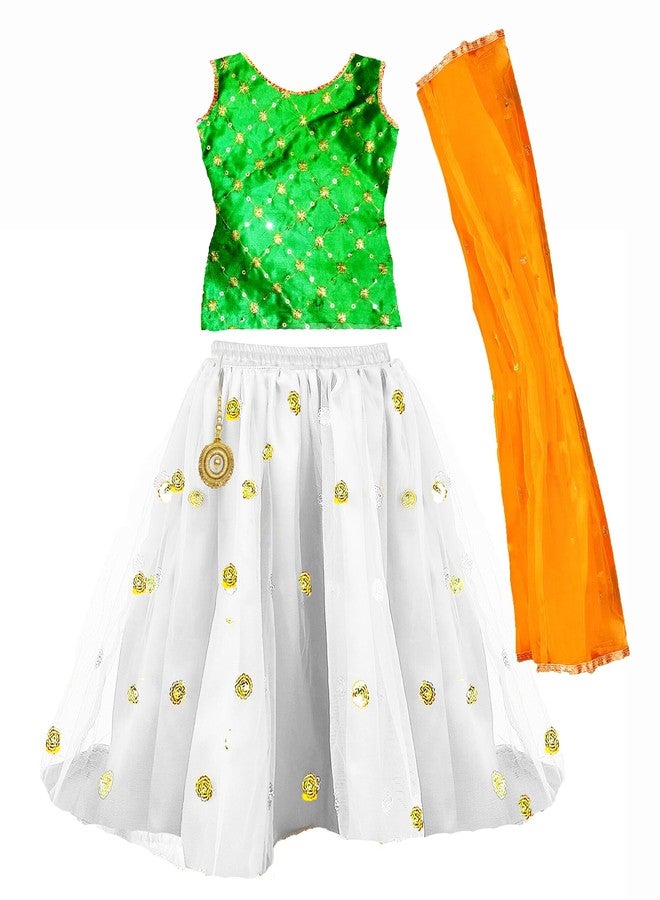 HIBA CREATIONS Baby Girl Tricolor White lehenga green choli with orange dupatta 3-6 months - Image 1