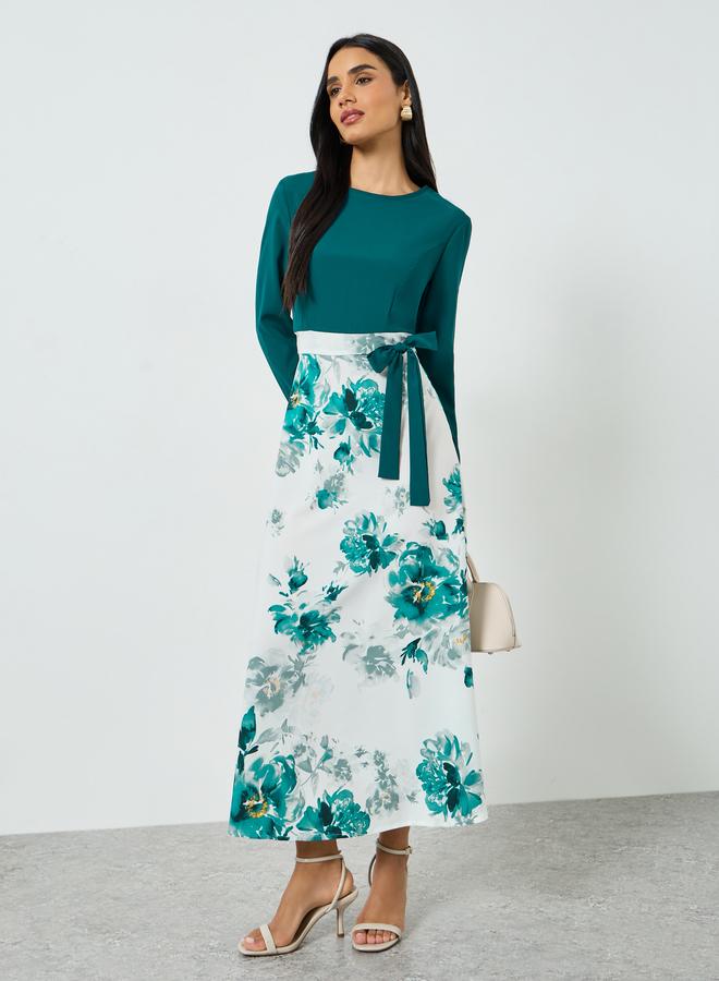 Take Two Women's Contrast Print Round Neck Long Sleeve A-line Maxi Dress - Image 1
