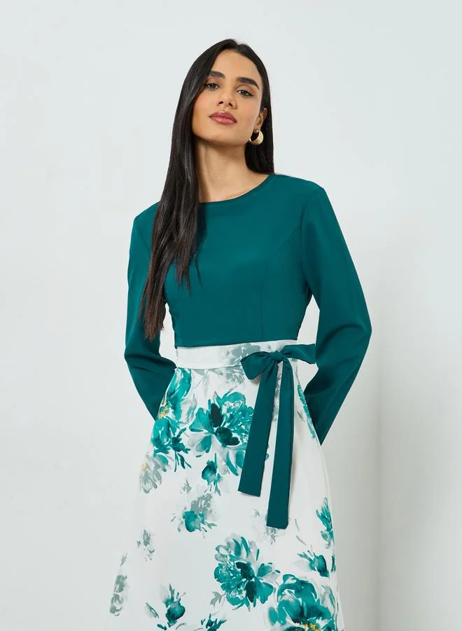 تايك تو Women's Contrast Print Round Neck Long Sleeve A-line Maxi Dress