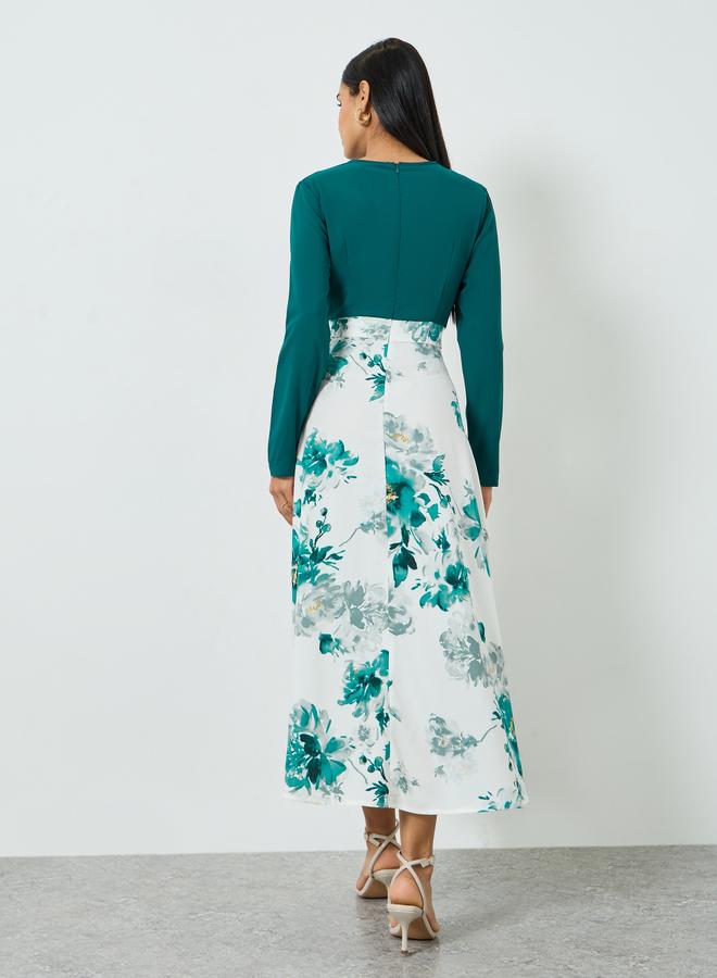 Take Two Women's Contrast Print Round Neck Long Sleeve A-line Maxi Dress - Image 5