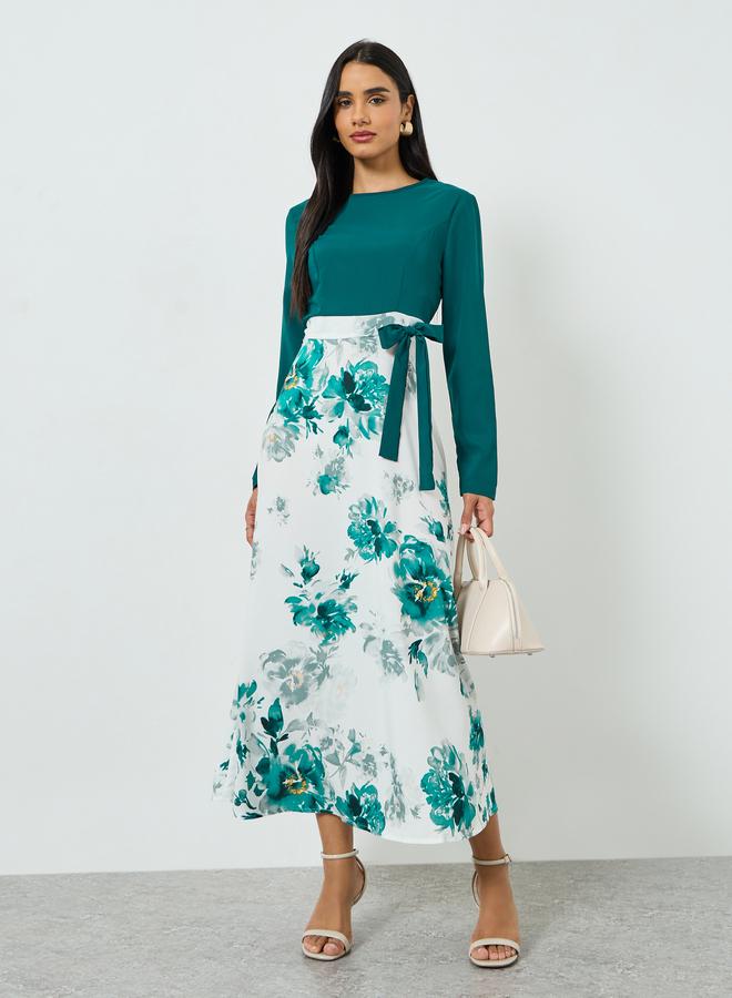 Take Two Women's Contrast Print Round Neck Long Sleeve A-line Maxi Dress - Image 3