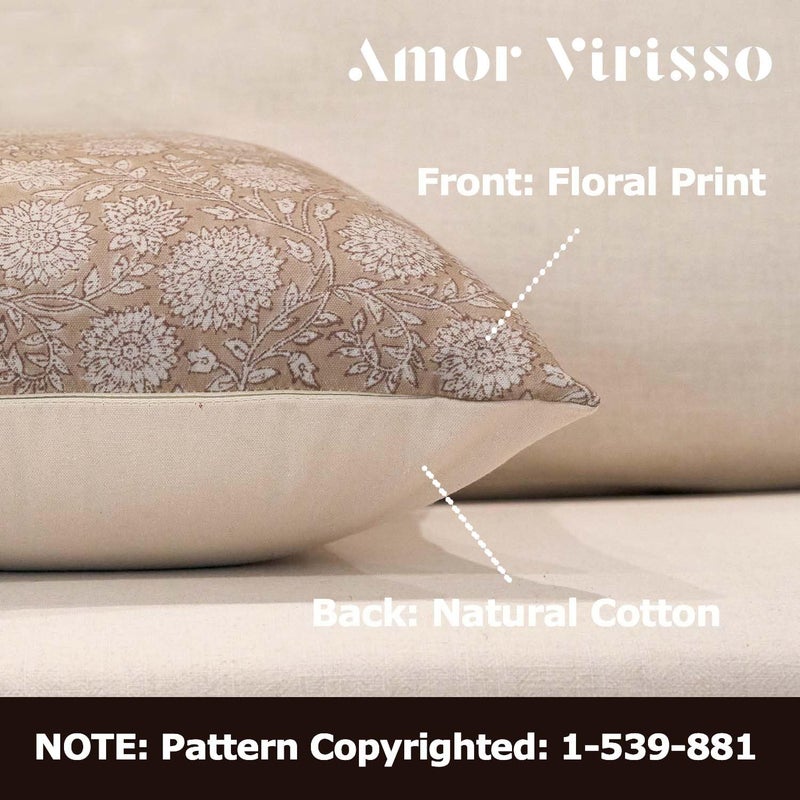 Amor Virisso Floral Pillow Covers 20x20 Throw Pillow Covers Vintage Block Print Pillow Cover Neutral Couch Pillows for Living Room Farmhouse Decorative Accent Sofa Pillows, Light Camel - Image 2