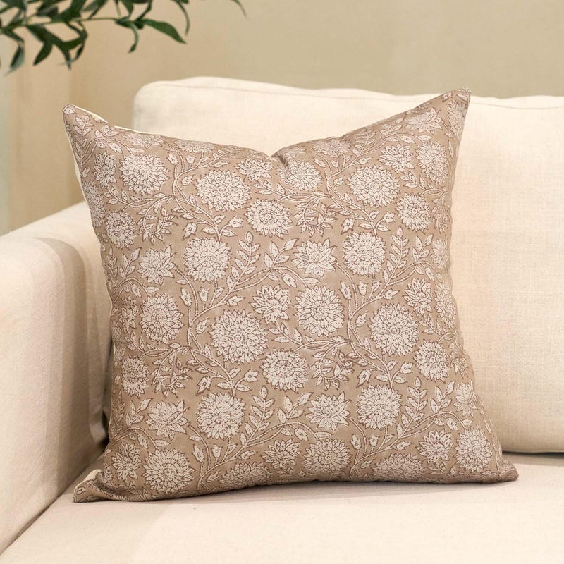 Amor Virisso Floral Pillow Covers 20x20 Throw Pillow Covers Vintage Block Print Pillow Cover Neutral Couch Pillows for Living Room Farmhouse Decorative Accent Sofa Pillows, Light Camel - Image 1