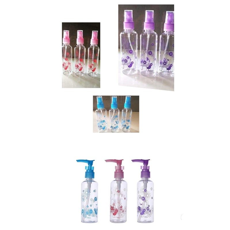 E Shopping 100ml Empty Printed bottle for SanitizerLotionCreamSoap Dispenser Multi Purpose with Pump Action Lock Set of 4 Pcs 2 with Lock Pump 2 Simple Spray Color Design may vary - Image 2