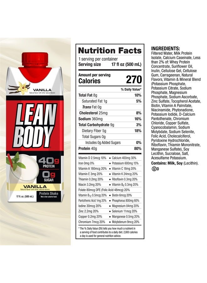 LABRADA Lean Body Ready-to-Drink Vanilla Protein Shake, 40g Protein, Whey Blend, 0 Sugar, Gluten Free, 22 Vitamins & Minerals, 17 Fl Oz (Pack of 12) LABRADA - Image 5