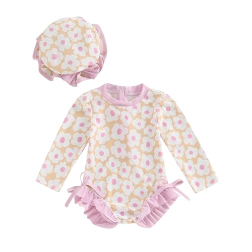 FOMOYUU Baby Girl Rash Guard Swimsuit Floral One Piece Bathing Suit Infant Zipper Swimwear + Hat Sun Protection Beach Wear (Pink6, 12-18 Months) - Image 1