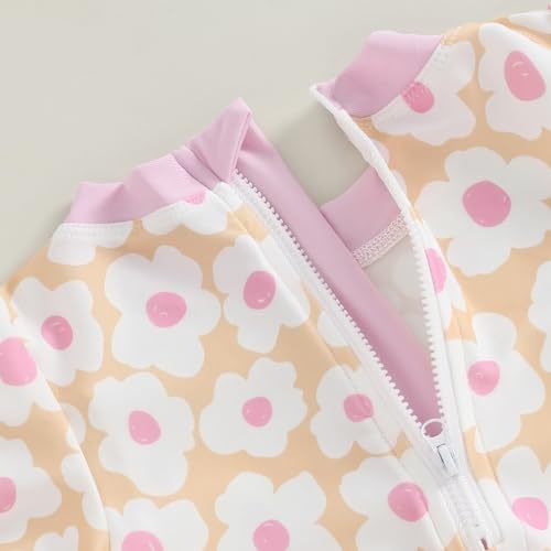 FOMOYUU Baby Girl Rash Guard Swimsuit Floral One Piece Bathing Suit Infant Zipper Swimwear + Hat Sun Protection Beach Wear (Pink6, 12-18 Months) - Image 3