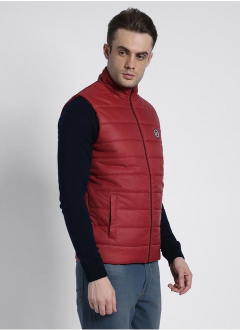 Barley Red Regular Fit Men's Solid Mock Neck Sleeveless Polyester Jacket with Zipper Closure