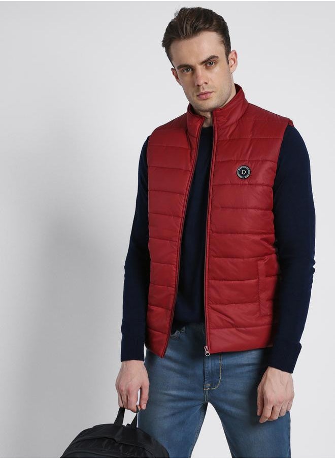 Barley Red Regular Fit Men's Solid Mock Neck Sleeveless Polyester Jacket with Zipper Closure