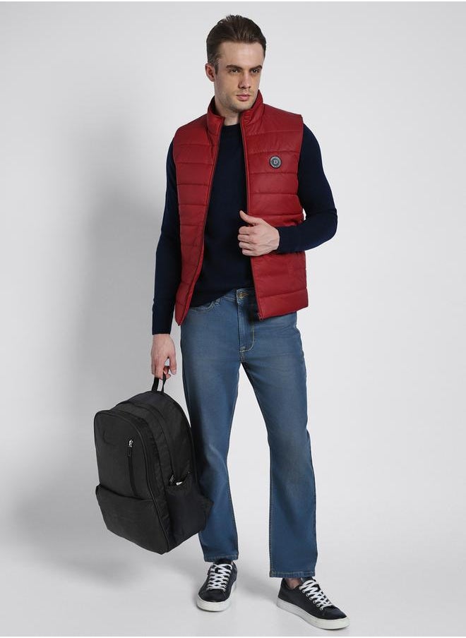 Barley Red Regular Fit Men's Solid Mock Neck Sleeveless Polyester Jacket with Zipper Closure