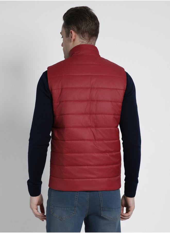 Barley Red Regular Fit Men's Solid Mock Neck Sleeveless Polyester Jacket with Zipper Closure