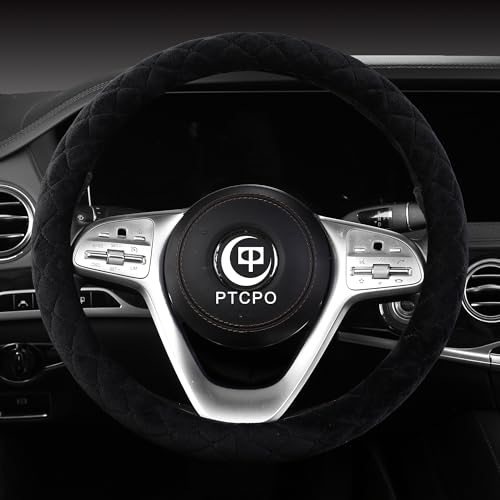 PTCPO Soft Car Steering Wheel Cover for Sedan, SUV, Warm Luxury Velvet, Odorless, Universal, Anti Slip, Summer Winter, Black, Large Size[15" 1/2-16"](39-41cm) - Image 2