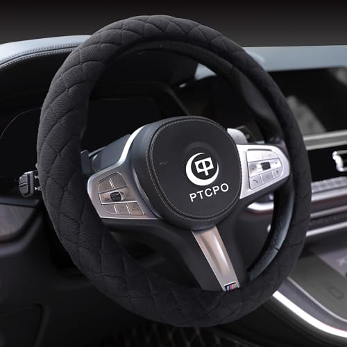 PTCPO Soft Car Steering Wheel Cover for Sedan, SUV, Warm Luxury Velvet, Odorless, Universal, Anti Slip, Summer Winter, Black, Large Size[15" 1/2-16"](39-41cm) - Image 1