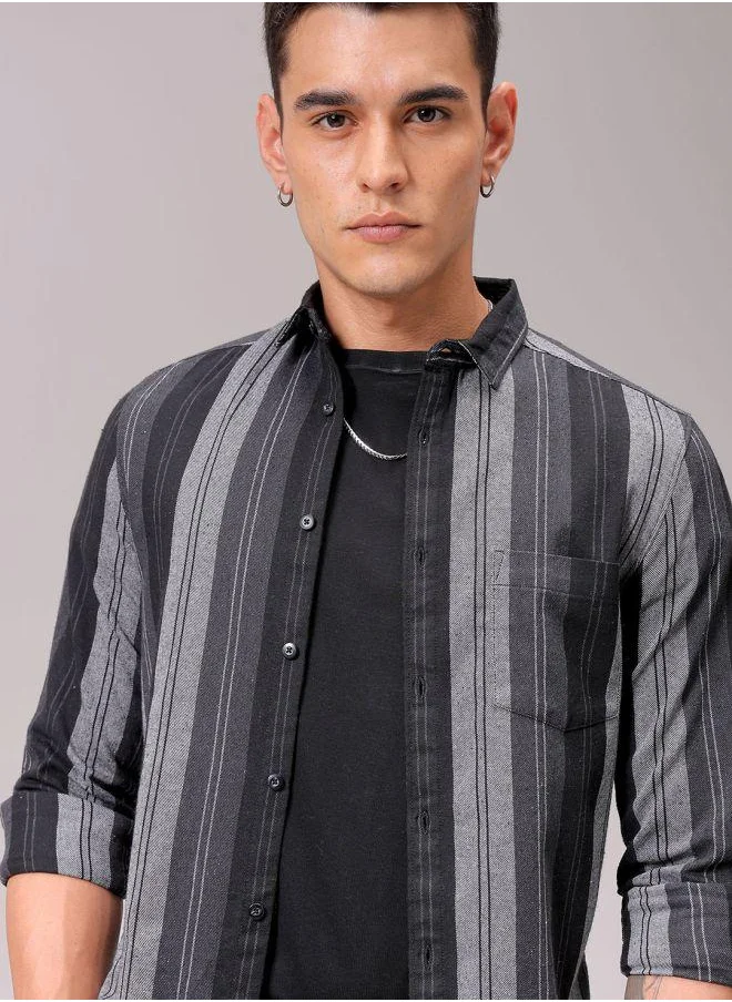 The Indian Garage Co Men Slim Fit Striped Full Sleeves Cutaway Collar Casual Shirt