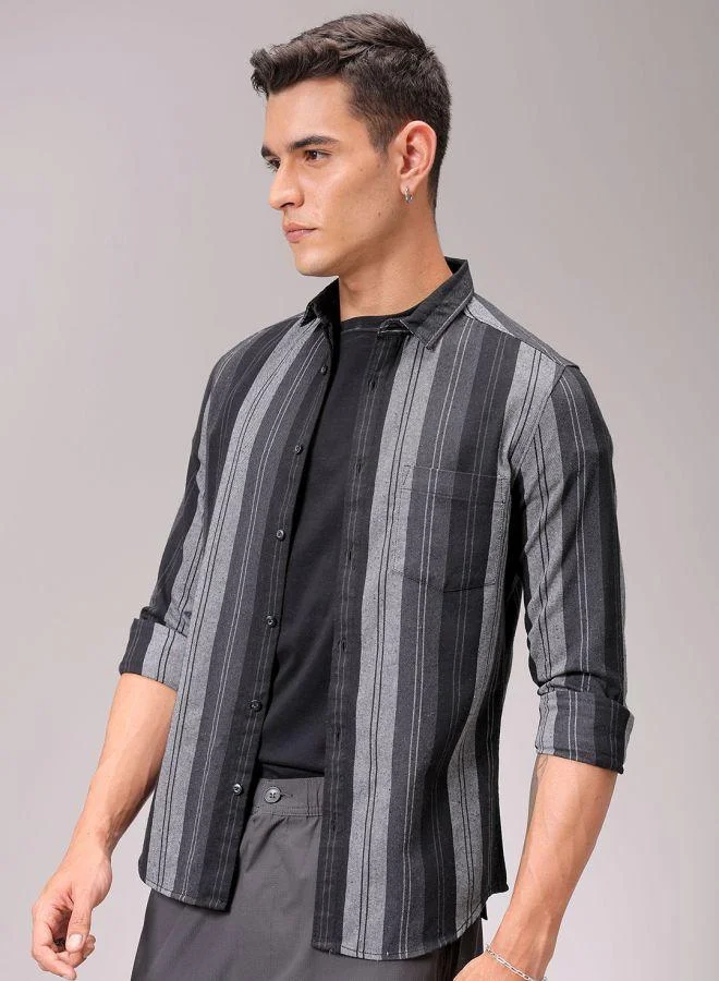 The Indian Garage Co Men Slim Fit Striped Full Sleeves Cutaway Collar Casual Shirt