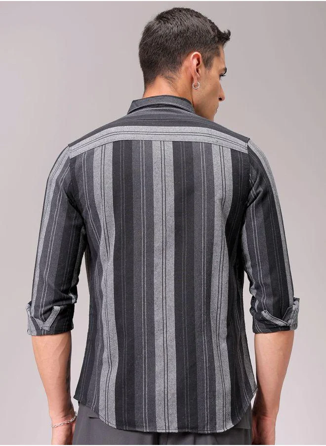 The Indian Garage Co Men Slim Fit Striped Full Sleeves Cutaway Collar Casual Shirt