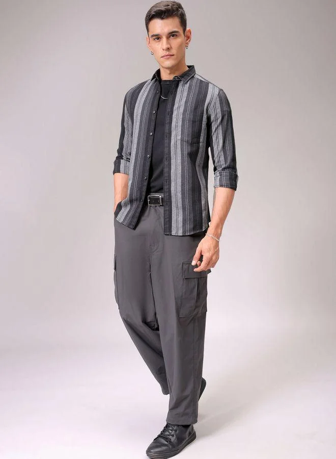 The Indian Garage Co Men Slim Fit Striped Full Sleeves Cutaway Collar Casual Shirt
