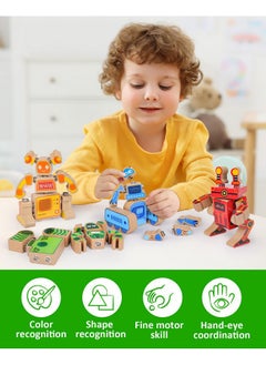 Coogam Coogam Fine Motor Building Robot Blocks for 3 4 5 Years Old Kids, Wooden Snap Together Robot Builders, STEM Take Apart Robot Playset, Educational Learning Toy Gift for Boys Girls  - Image 4
