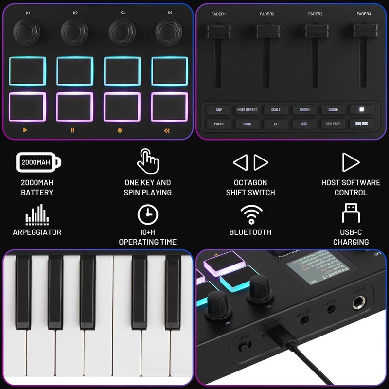 M ويف وحدة تحكم لوحة مفاتيح M-VAVE 37 مفتاح USB MIDI مع 16 وسادة طبلة مضاءة خلفيًا، لوحة مفاتيح ديناميكية احترافية نصف موزونة بلوتوث مع 8 مقابض وإنتاج موسيقي، يتضمن البرنامج (37 مفتاح أسود) - Image 5