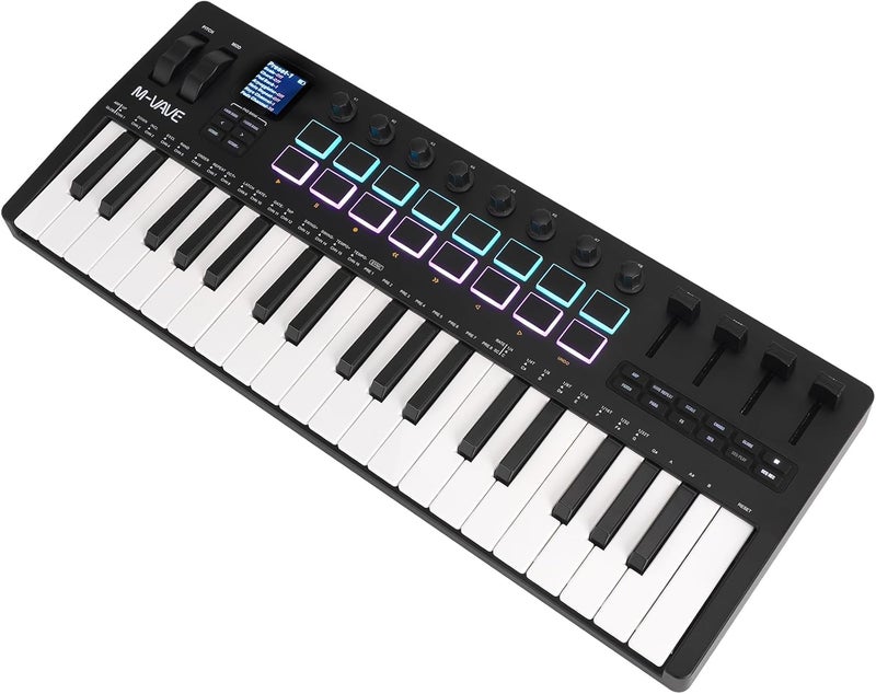 M ويف وحدة تحكم لوحة مفاتيح M-VAVE 37 مفتاح USB MIDI مع 16 وسادة طبلة مضاءة خلفيًا، لوحة مفاتيح ديناميكية احترافية نصف موزونة بلوتوث مع 8 مقابض وإنتاج موسيقي، يتضمن البرنامج (37 مفتاح أسود) - Image 1