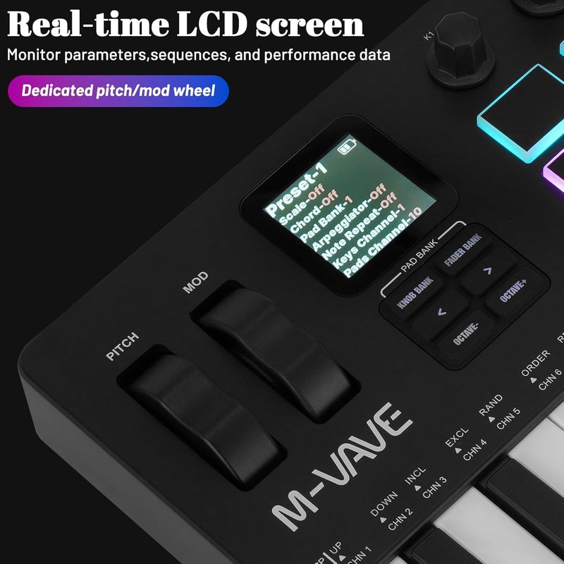 M ويف وحدة تحكم لوحة مفاتيح M-VAVE 37 مفتاح USB MIDI مع 16 وسادة طبلة مضاءة خلفيًا، لوحة مفاتيح ديناميكية احترافية نصف موزونة بلوتوث مع 8 مقابض وإنتاج موسيقي، يتضمن البرنامج (37 مفتاح أسود) - Image 3