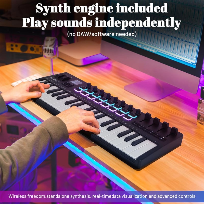 M ويف وحدة تحكم لوحة مفاتيح M-VAVE 37 مفتاح USB MIDI مع 16 وسادة طبلة مضاءة خلفيًا، لوحة مفاتيح ديناميكية احترافية نصف موزونة بلوتوث مع 8 مقابض وإنتاج موسيقي، يتضمن البرنامج (37 مفتاح أسود) - Image 2