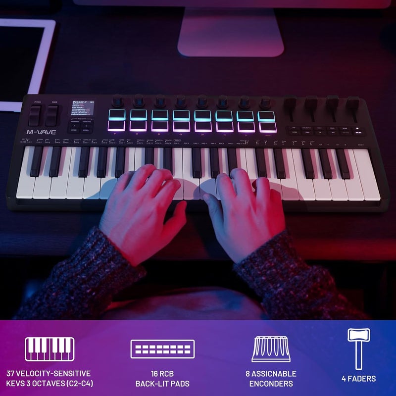M ويف وحدة تحكم لوحة مفاتيح M-VAVE 37 مفتاح USB MIDI مع 16 وسادة طبلة مضاءة خلفيًا، لوحة مفاتيح ديناميكية احترافية نصف موزونة بلوتوث مع 8 مقابض وإنتاج موسيقي، يتضمن البرنامج (37 مفتاح أسود) - Image 4