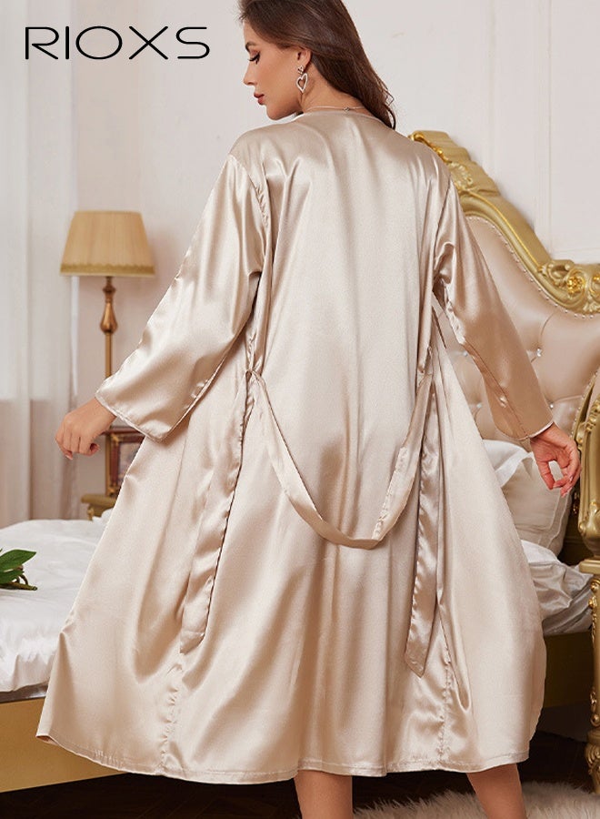 RIOXS 2Pcs Womens' Satin Robe Set, Soft Nightgown with Robes for Ladies, Ice Silk Pajama Set 2 Pieces Lingerie Cowl Neck Cami Sleepwear Sets with Belt, Comfortable Nightwear Set for Home/Hotel/ Vacation/Leisure/Sleeping/Spa, khaki - Image 2