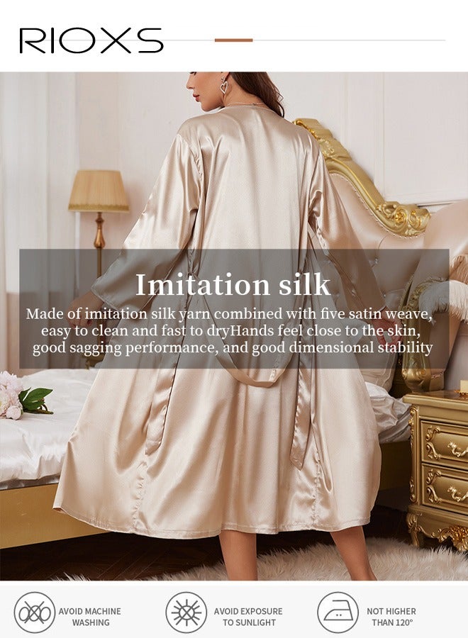 RIOXS 2Pcs Womens' Satin Robe Set, Soft Nightgown with Robes for Ladies, Ice Silk Pajama Set 2 Pieces Lingerie Cowl Neck Cami Sleepwear Sets with Belt, Comfortable Nightwear Set for Home/Hotel/ Vacation/Leisure/Sleeping/Spa, khaki - Image 4