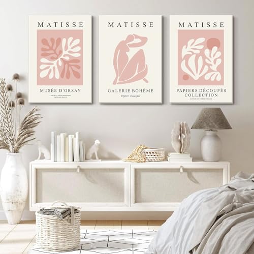 Djmwtb Matisse Abstract Canvas Wall Art Framed Set of 3 Pink Flower Market Poster Prints Modern Aesthetic Pictures Minimalist Wall Decor Painting for Living Room Bedroom Bathroom 12x16x3 - Image 3