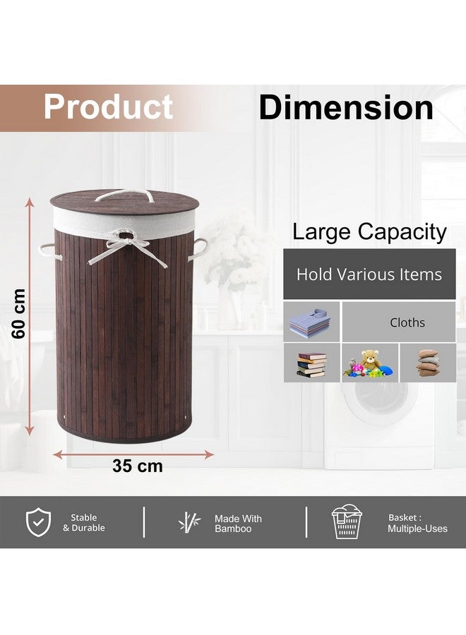 Kuber Industries Kuber Industries Pack of 2 Round Bamboo Laundry Basket For Clothes With Lid | 73 Ltr Used/Washing Clothes Bag & Laundry Box - Dark Brown - Image 3