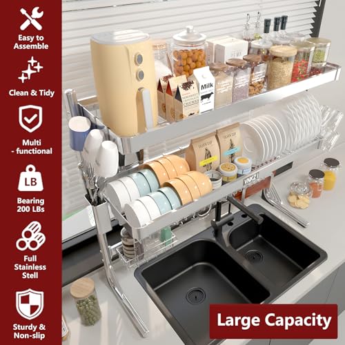VNKZI Over Sink Dish Drying Rack, 3 Tier Full Stainless Steel Storage Adjustable Length (25.98'' to 36.61'') Kitchen Rack, Multifunctional Expandable Counter Organizer, Space Saver Dish Rack - Image 3