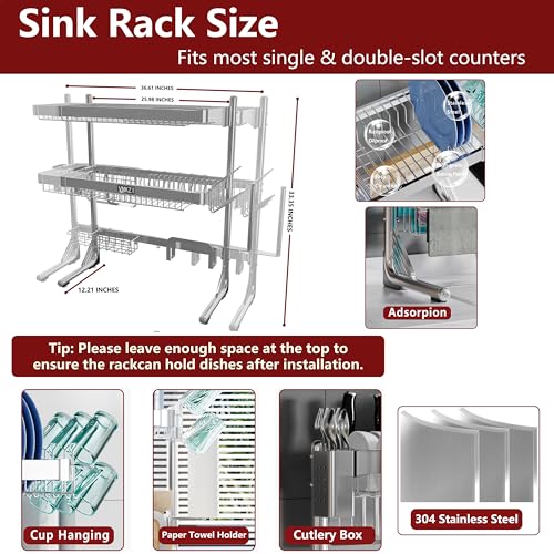 VNKZI Over Sink Dish Drying Rack, 3 Tier Full Stainless Steel Storage Adjustable Length (25.98'' to 36.61'') Kitchen Rack, Multifunctional Expandable Counter Organizer, Space Saver Dish Rack - Image 4