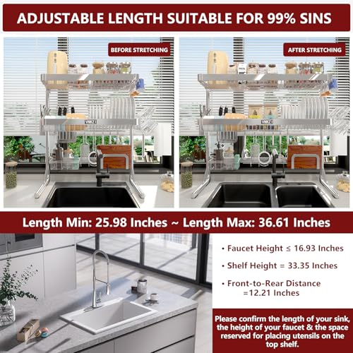 VNKZI Over Sink Dish Drying Rack, 3 Tier Full Stainless Steel Storage Adjustable Length (25.98'' to 36.61'') Kitchen Rack, Multifunctional Expandable Counter Organizer, Space Saver Dish Rack - Image 2