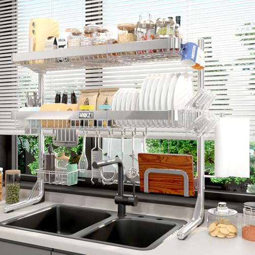 VNKZI Over Sink Dish Drying Rack, 3 Tier Full Stainless Steel Storage Adjustable Length (25.98'' to 36.61'') Kitchen Rack, Multifunctional Expandable Counter Organizer, Space Saver Dish Rack - Image 1