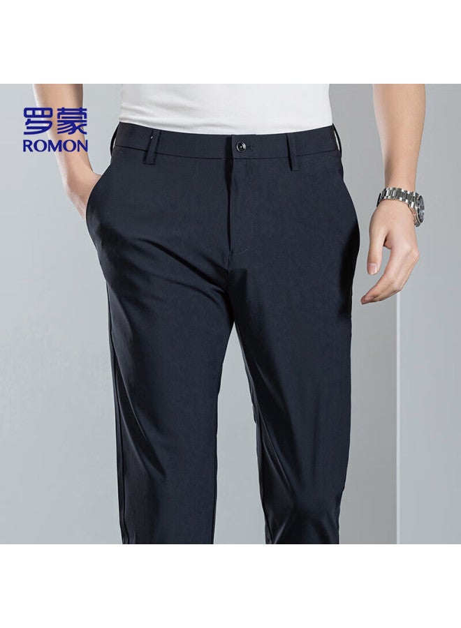 Men'S Casual Ice Silk Business Straight Pants Non-Iron Elastic Versatile Commuting Suit Pants L32 Navy Blue 38