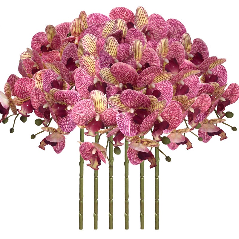 FagusHome 32 Inch Artificial Phalaenopsis Flowers 6 Pcs Artificial Orchid Flowers Stem Plants for Home Dcor Purple Dapple