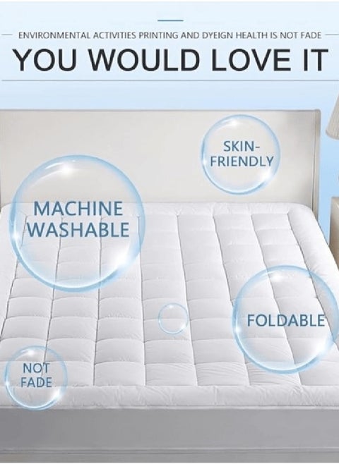 Premium 10 cm Thick Cotton Mattress Topper with Soft Cotton Filling - Breathable Bed Pad with Fitted Corner Edges - Enhances Comfort and Support for Better Sleep - Soft Fluffy Mattress Protector for Back Pain Relief, Deep Pocket Mattress Cover, Size - 200 x 160 cm White