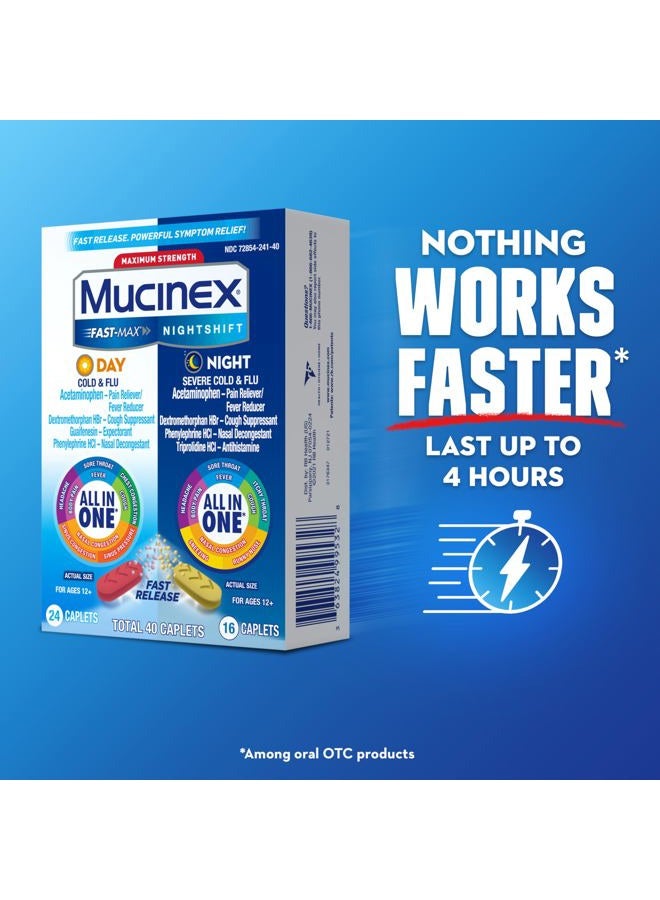 MUCINEX دواء فاست-ماكس للبرد والإنفلونزا نهارًا ودواء نايتشيفت للبرد والإنفلونزا الشديدة ليلًا للبالغين، عبوة مجموعة نهار/ليل للحمى، تخفيف التهاب الحلق، مزيل احتقان، أدوية السعال والبرد، 40 قرصًا - Image 2